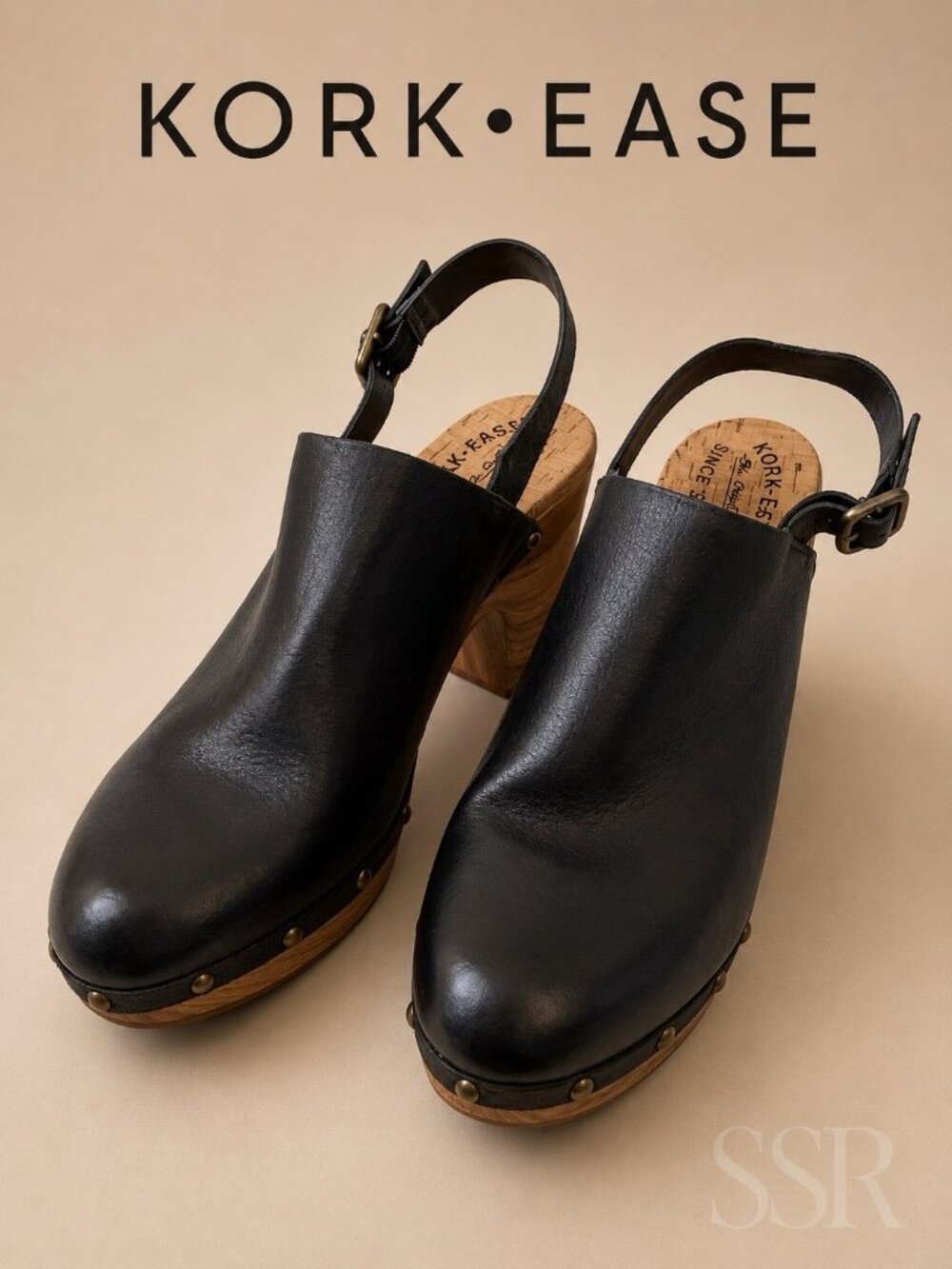 Kork-Ease Sienna Black Leather Slingback Clogs Wooden Heel NWOB Size 10